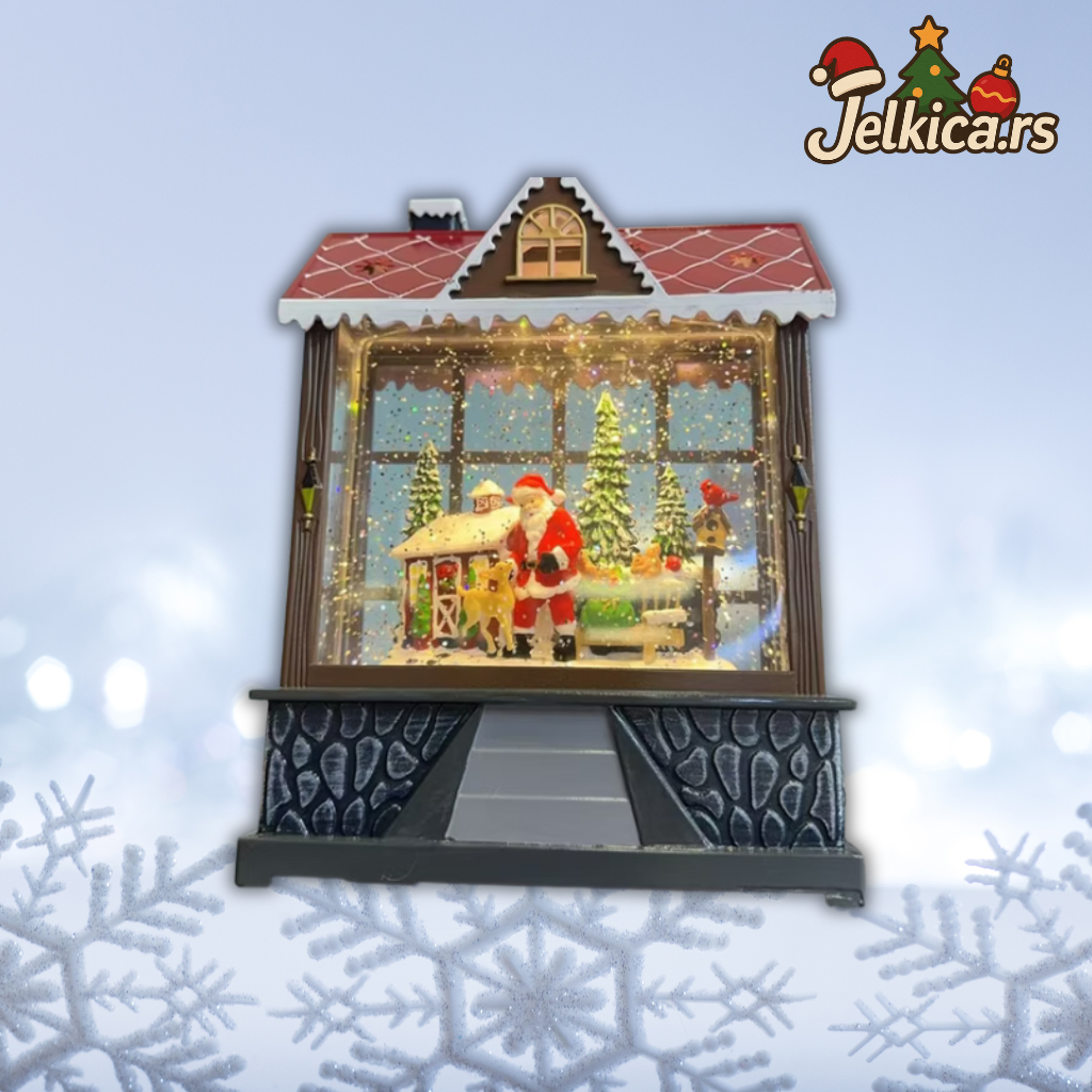 Svetleća Novogodišnja Kućica sa Deda Mrazom i Snežnim Efektom