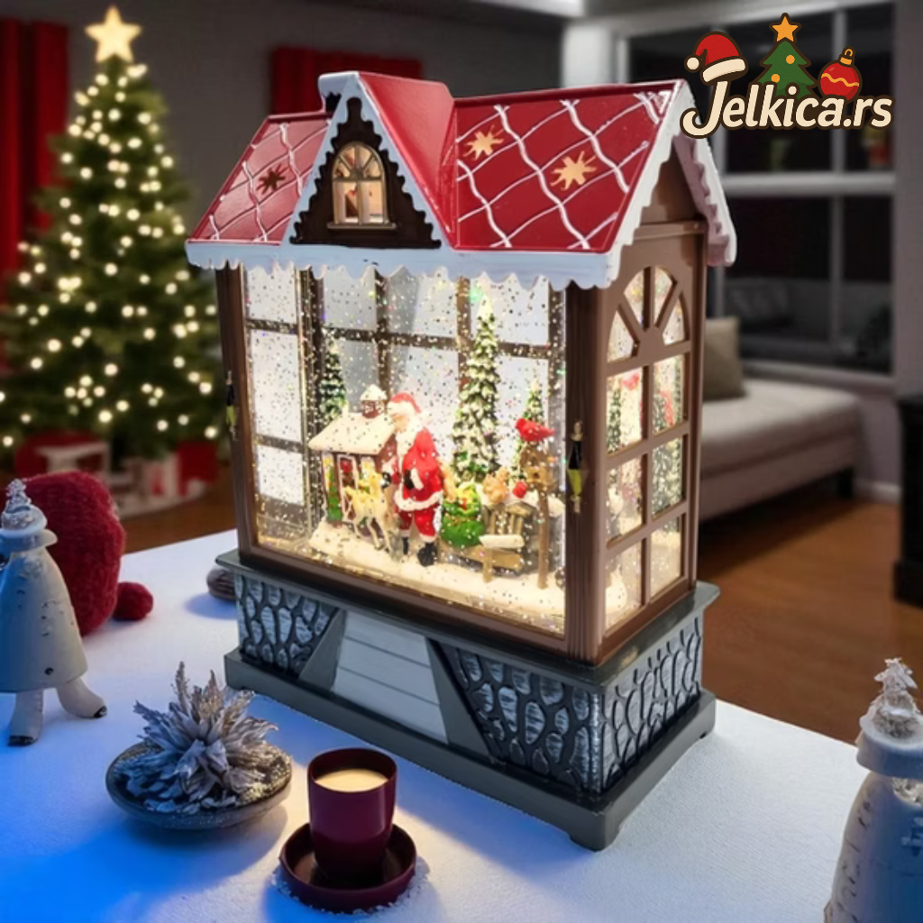 Svetleća Novogodišnja Kućica sa Deda Mrazom i Snežnim Efektom